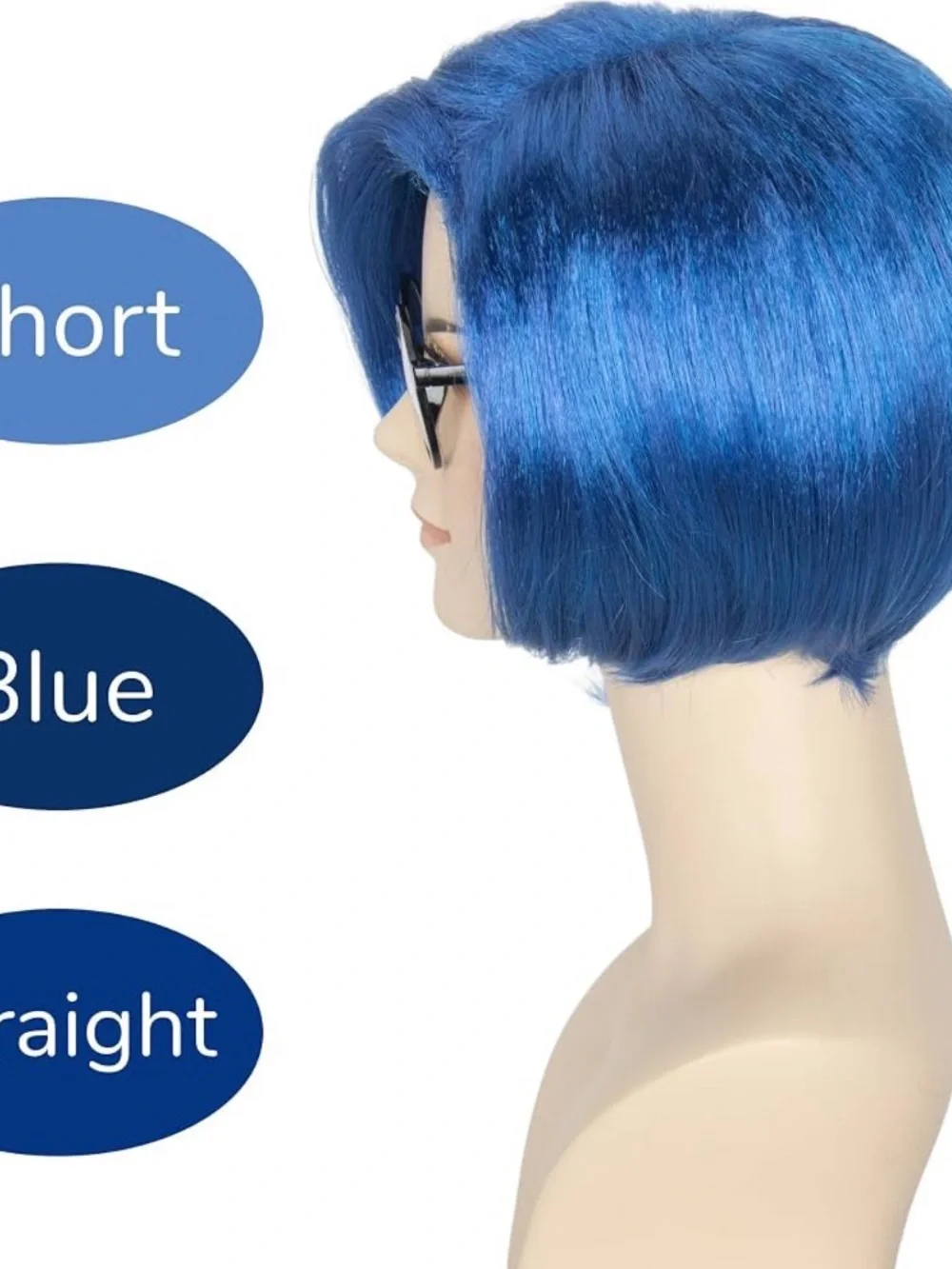 Miss U Hair Women Short Straight Blue Wig with Glasses for Adult